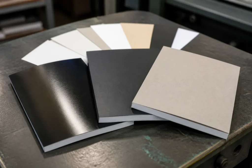 A5 book cover and internal paper samples with different finishes.