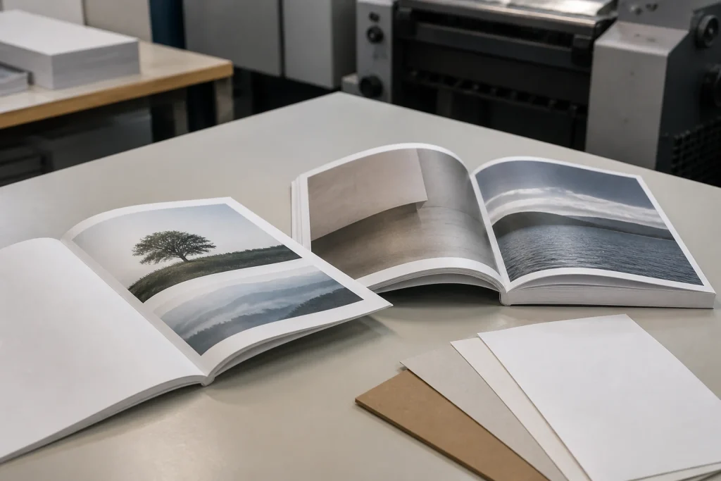 Saddle-stitched and perfect-bound A5 publications shown on a finishing bench.