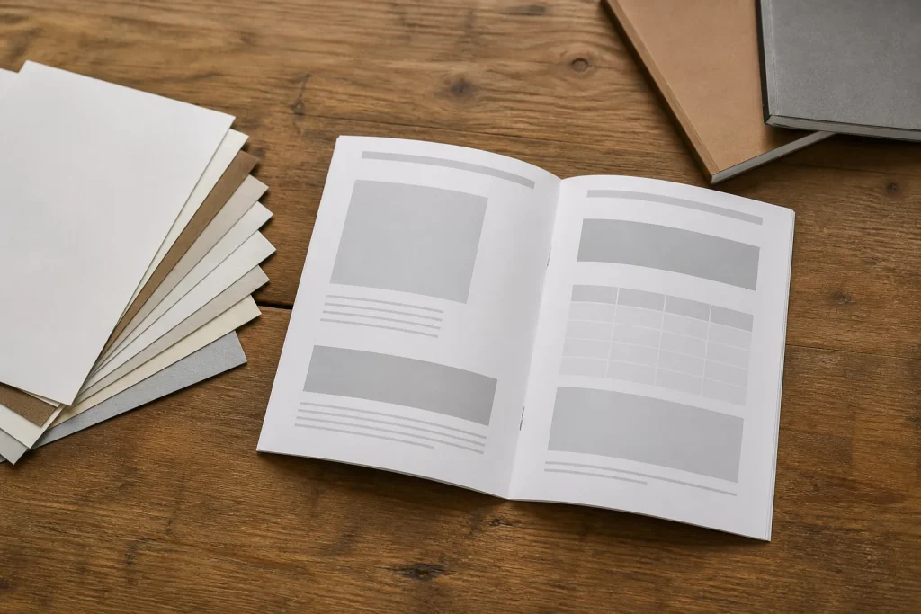 Open A5 stapled booklet showing layout and paper choices
