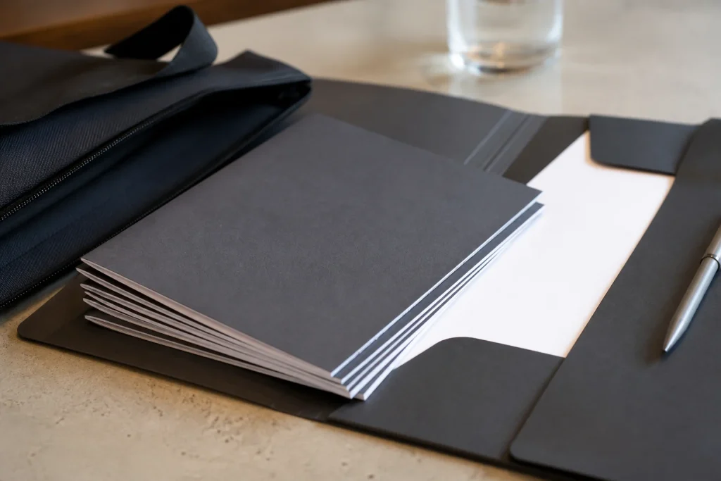 A5 stapled booklets arranged with a presentation folder for portable packs for A5 stapled booklet printing service.