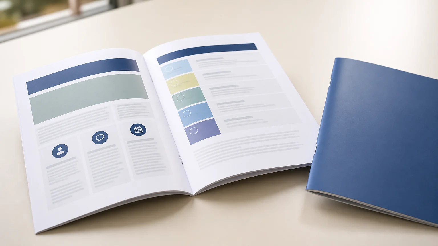 Open accessible stapled booklet with clear page layout and centre staples for professional stapled booklet printing services.