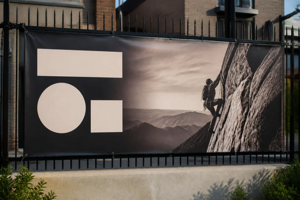 Banner artwork using a high-contrast text panel beside an image