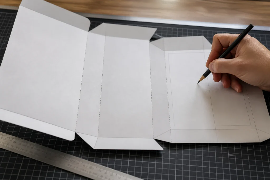 Open folded print mock-up measured for a bespoke size specification for bespoke printing services UK.