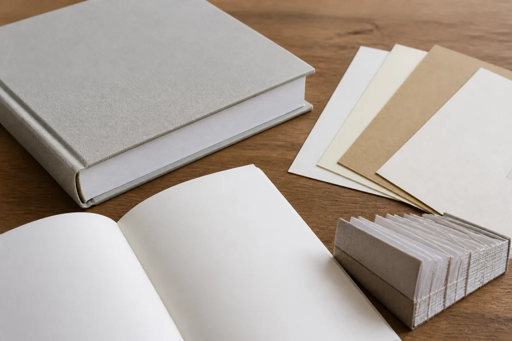 Bound book with paper samples and a binding mock-up.