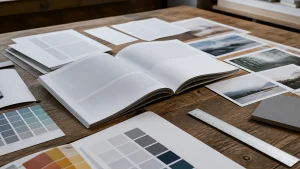 Booklet printing artwork design assistance for a business rebrand, with printed layout sheets and colour swatches.