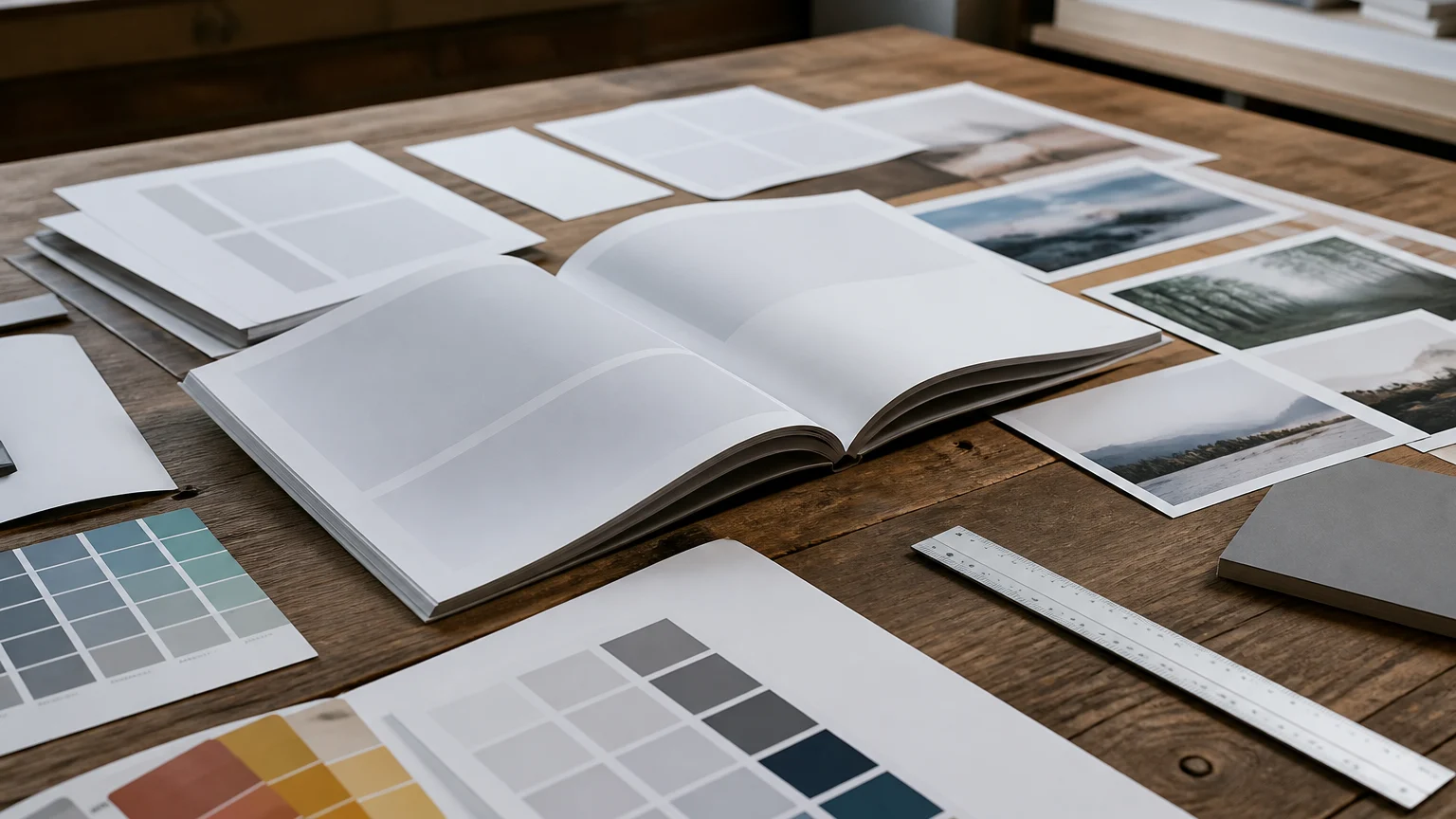 Booklet printing artwork design assistance for a business rebrand, with printed layout sheets and colour swatches.