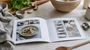 Open recipe booklet made with stapled binding on a kitchen worktop
