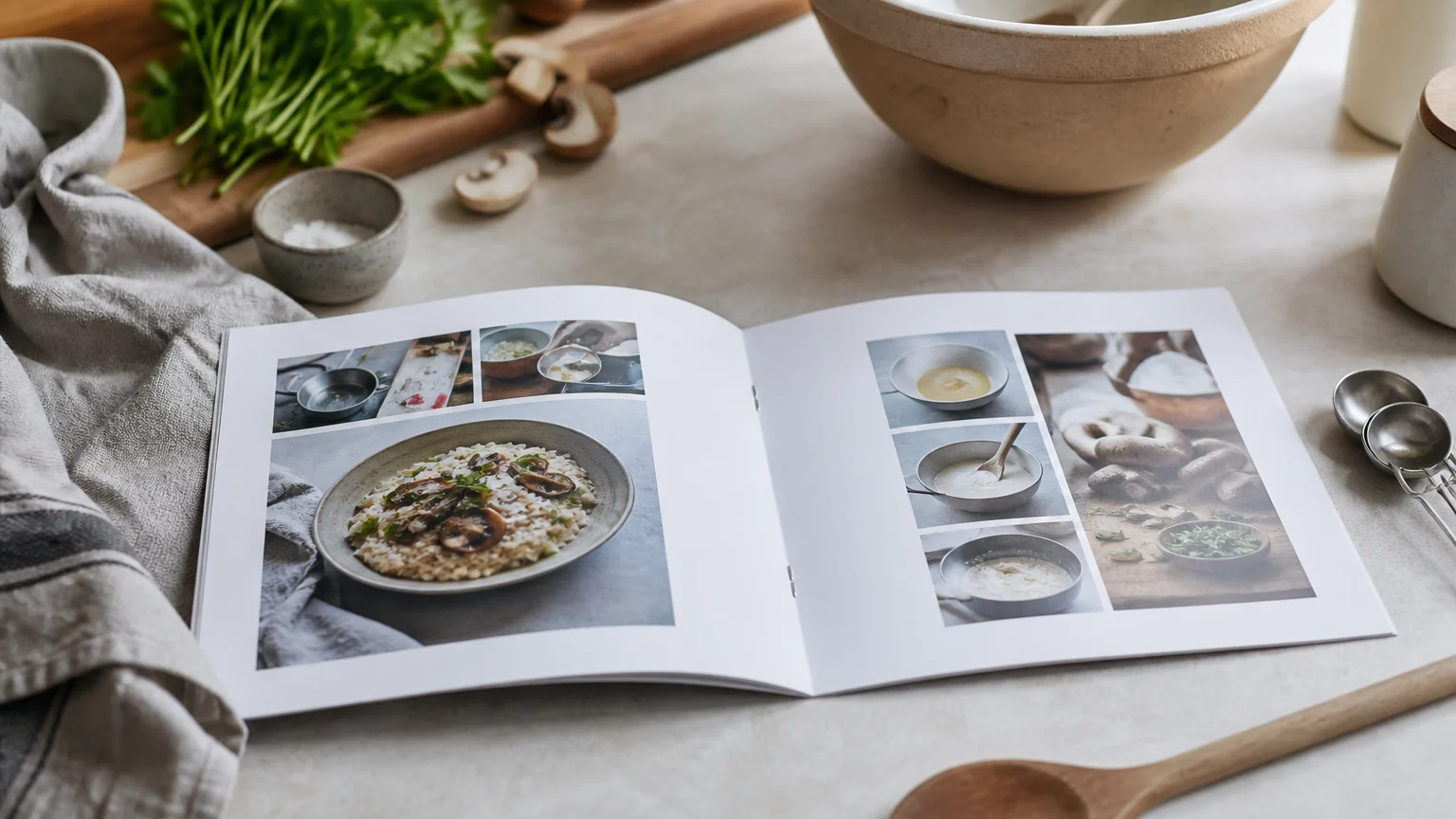 Open recipe booklet made with stapled binding on a kitchen worktop