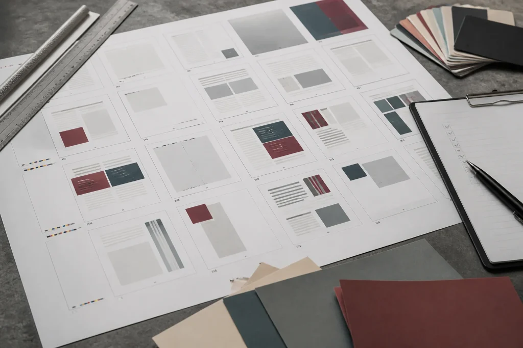 Booklet proof, paper samples and layout checks before printing for booklet printing artwork design assistance.