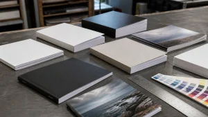 A5 books with different bindings, paper stocks and cover finishes on a print studio table.