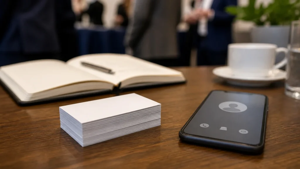 Business cards beside a smartphone and notebook for easy networking follow-up