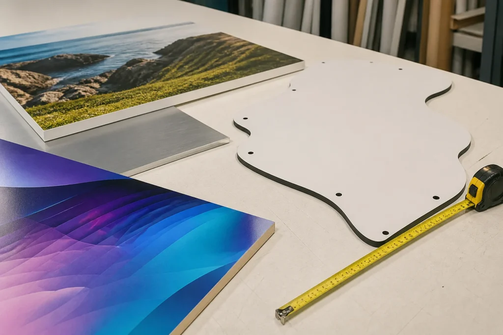Custom print materials and board shape being planned for an unusual-size display for bespoke printing services UK.