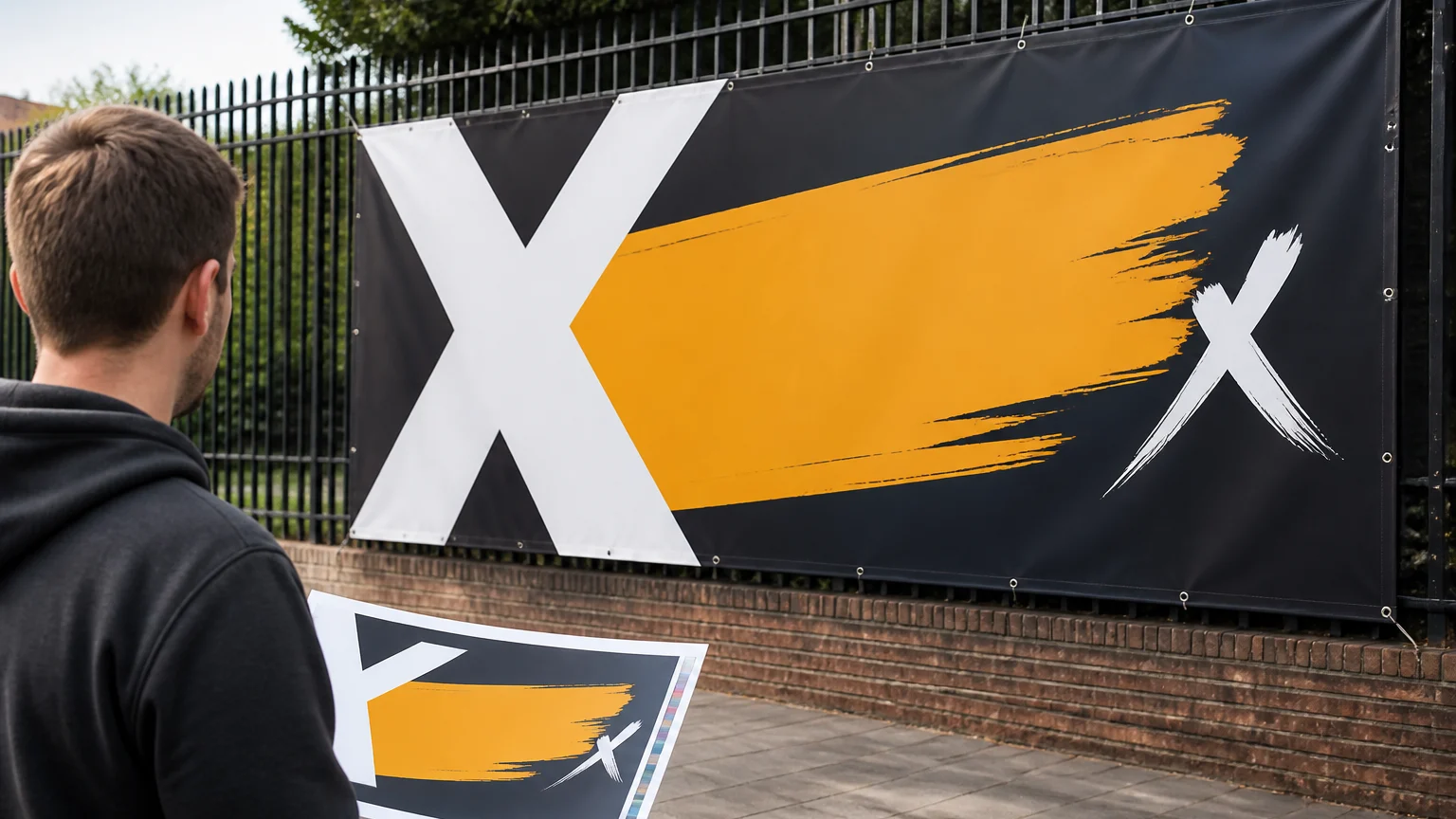 Banner artwork displayed outdoors with a clear high-contrast layout for distant viewing