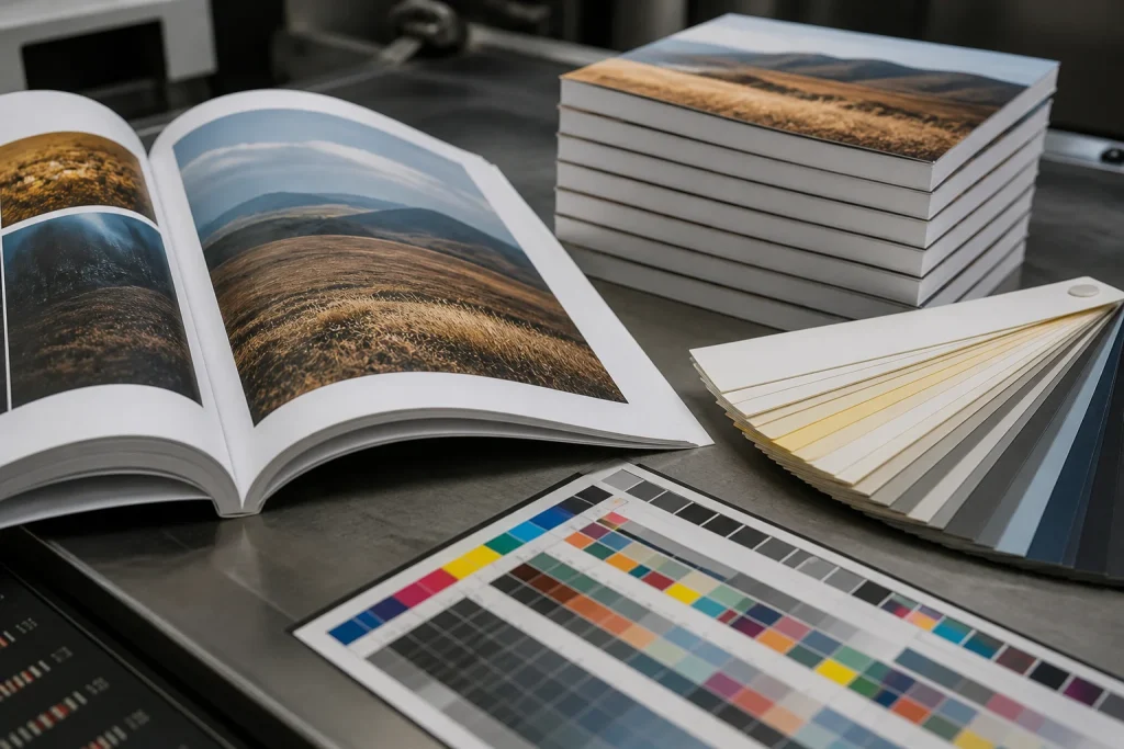 Book proof and paper samples prepared for a print method decision.