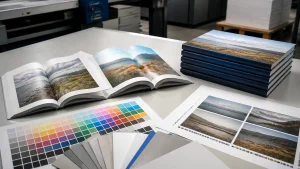 Open printed books, paper swatches and a stack of finished copies on a print production table.