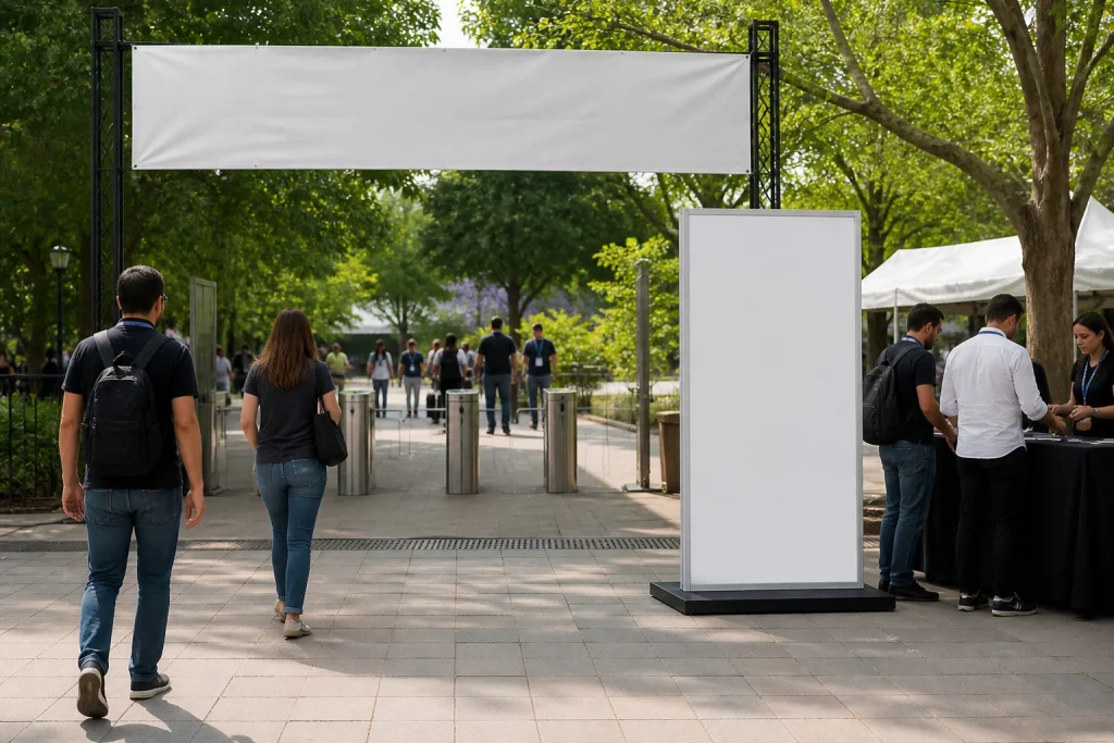 Banner printing placement at an event entrance with separate sponsor display