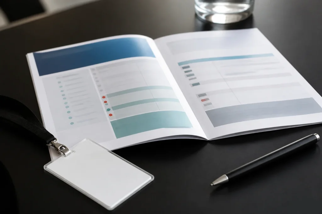 Open stapled booklet laid out for an event programme