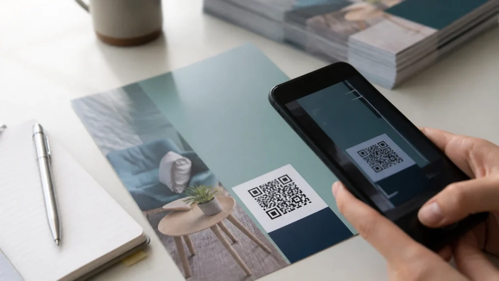 Printed flyer with a QR code being scanned on a smartphone for campaign tracking