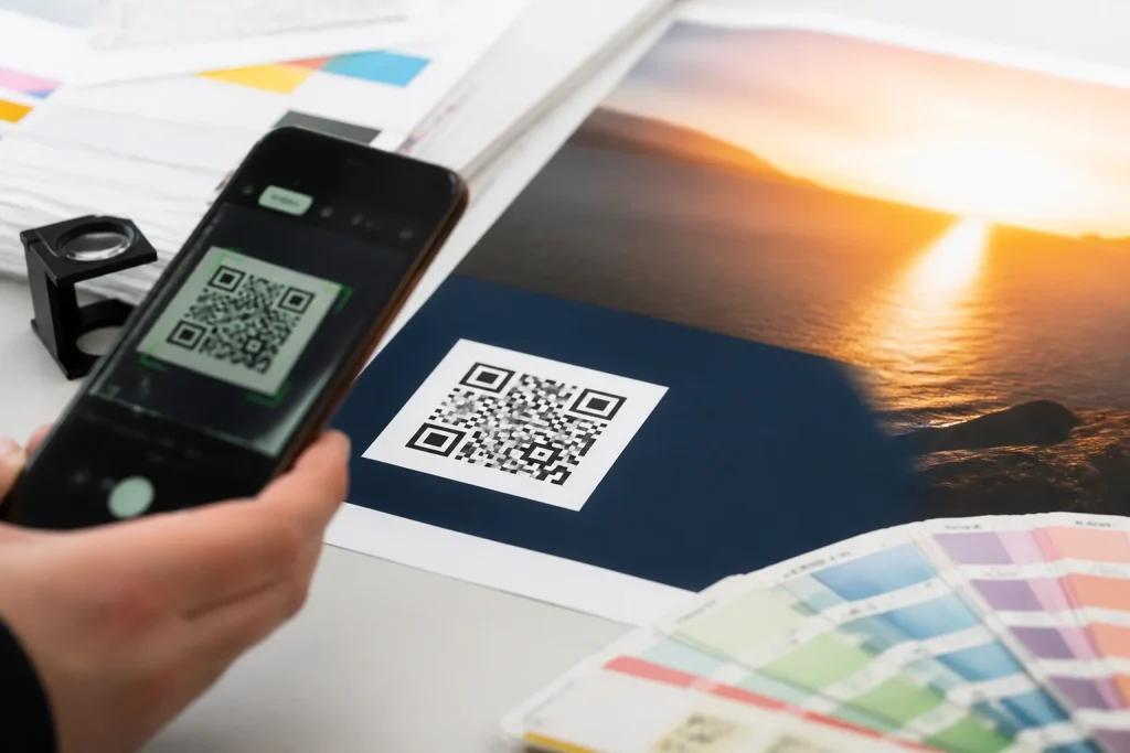 Flyer printing proof with a clearly positioned QR code ready for scan testing