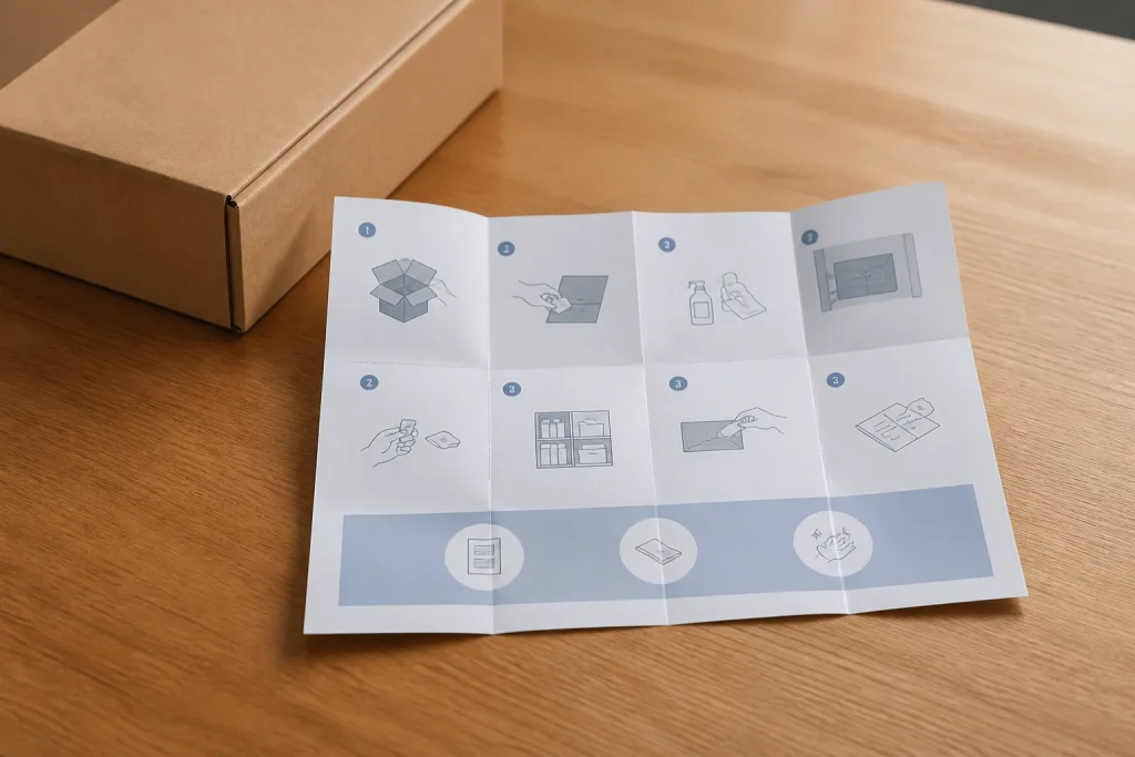 Folded care leaflet with organised panels for post-purchase guidance