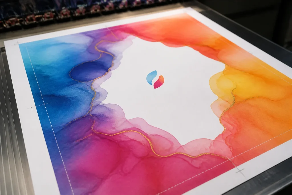 Full-bleed cover artwork extending beyond trim marks into the bleed area for booklet printing artwork bleed guide.