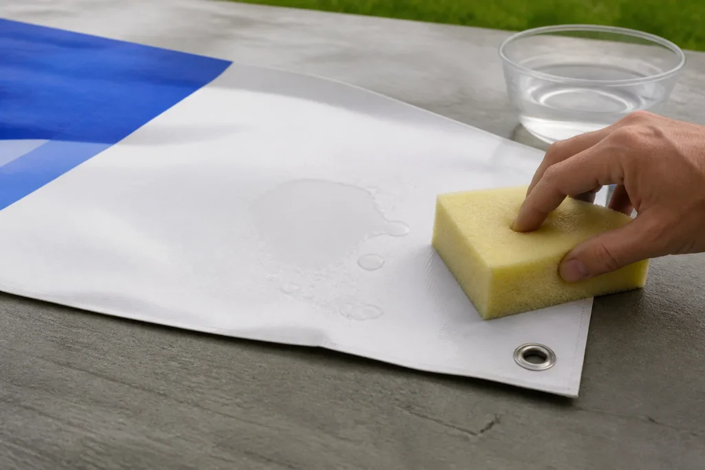 Gentle cleaning of a PVC banner with clean water and a soft sponge