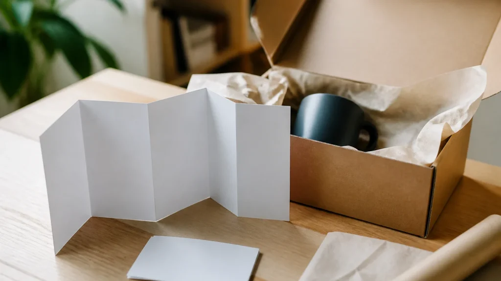 Folded leaflet printing for a post-purchase product care pack beside an open parcel box