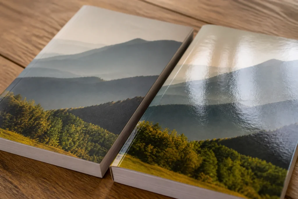 Close-up comparison of matt and gloss laminated book cover finishes.
