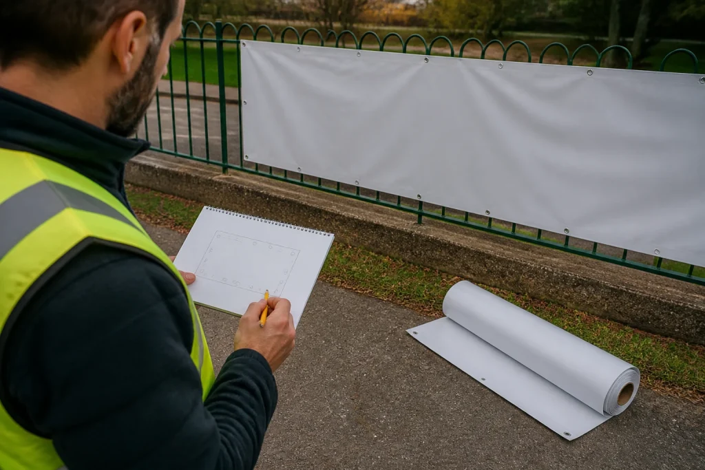 Planning fixing points for banners with eyelets beside an outdoor fence