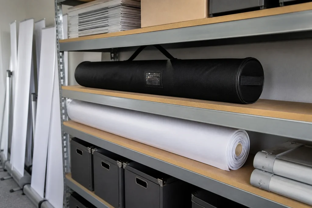 Stored printed banners and display equipment ready for repeat use