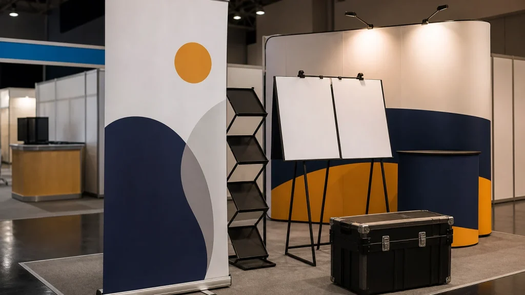 Reusable printed banners displayed with interchangeable campaign posters at an exhibition stand