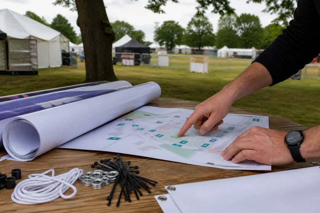 Planning PVC banners for event entrances and activity zones