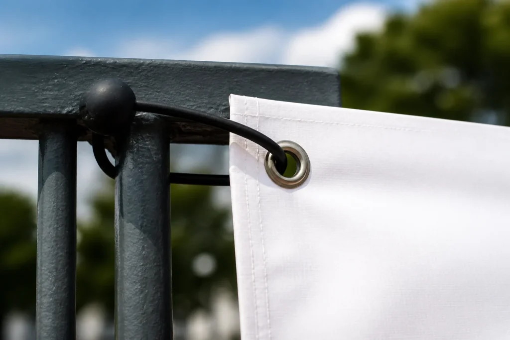 Close-up of a PVC banner eyelet attached to a metal rail for banners with eyelets.