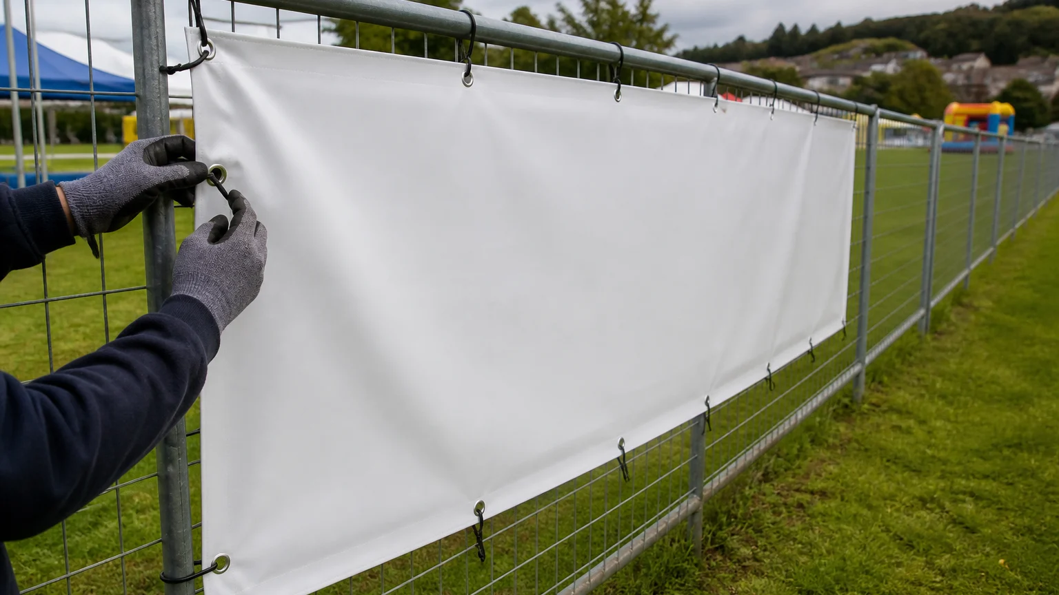PVC banners with eyelets being secured evenly to a metal fence