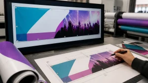 PVC banner printing proof being checked for layout, colour and eyelet positions