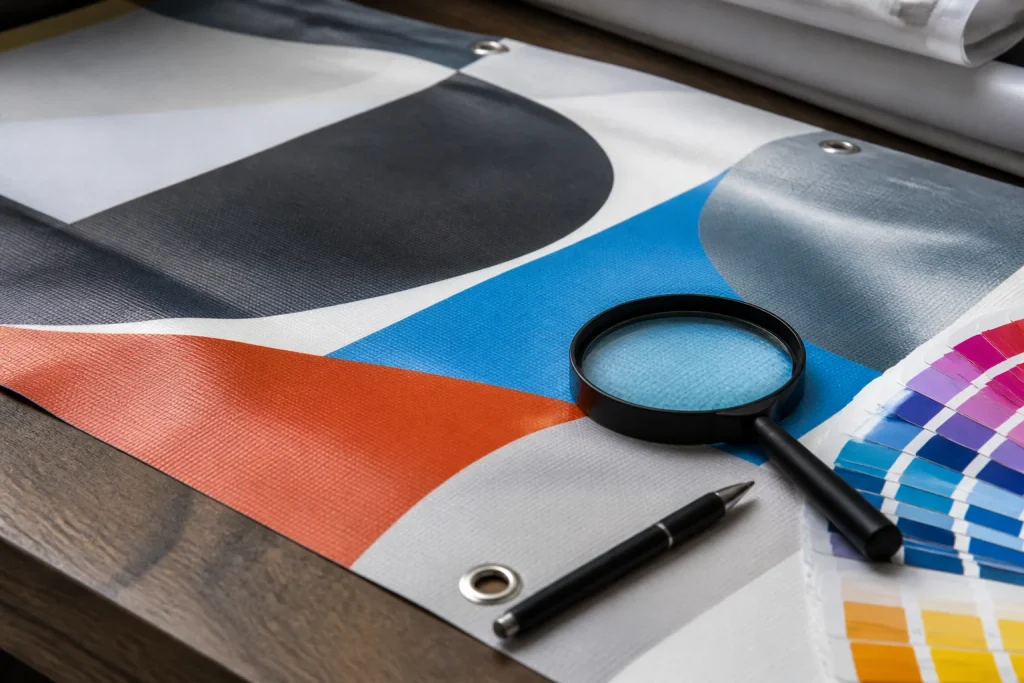 Close-up review of colour and layout on a PVC banner printing proof
