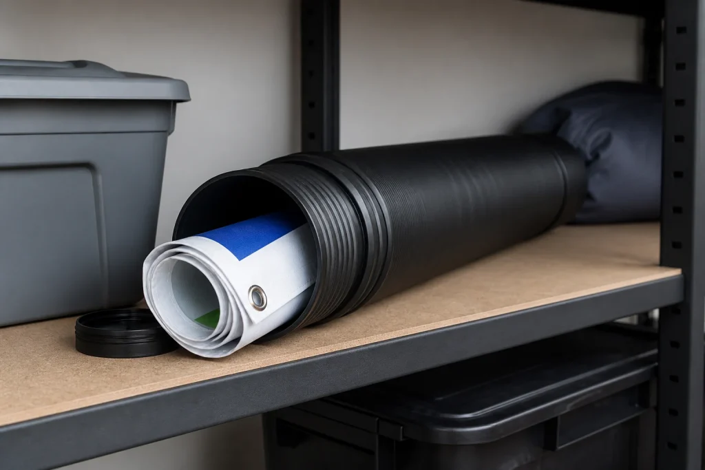 Clean PVC banner rolled loosely for dry indoor storage for PVC banners Cleaning.