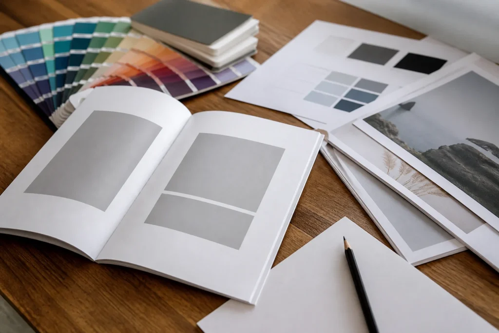 Printed booklet artwork and brand palette being reviewed during a rebrand for booklet printing artwork design assistance.