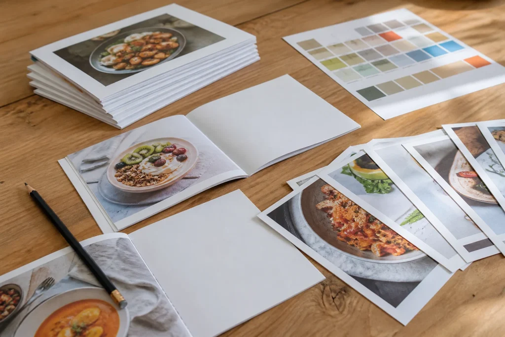 Artwork planning materials for a printed stapled recipe booklet for booklet printing with stapled binding.