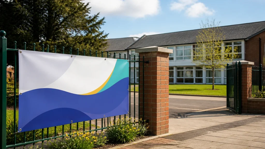 Colourful school banner displayed neatly beside a welcoming school entrance