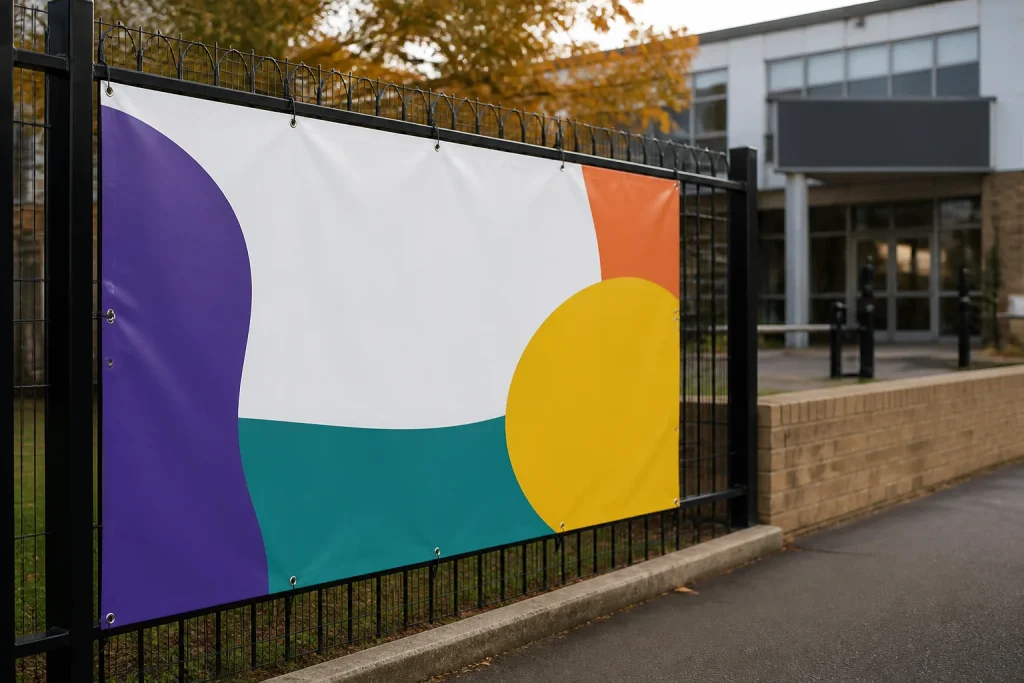 School banners designed with clear contrast for easy reading at an entrance