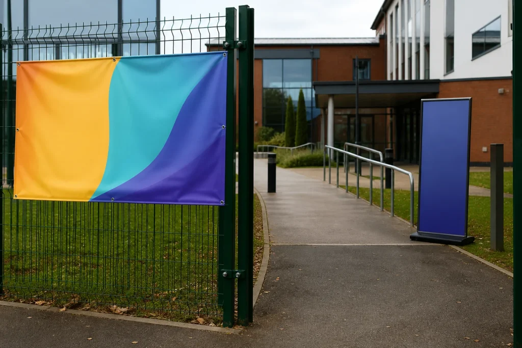 School banners positioned along an entrance route to guide visitors