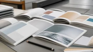 Small quantity stapled booklet printing prototypes opened for a physical layout review