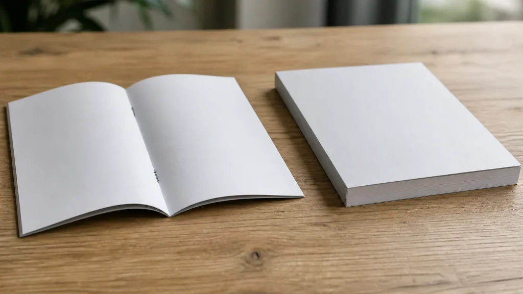 Open staple-bound booklet beside a square-spined perfect-bound publication on a tabletop.