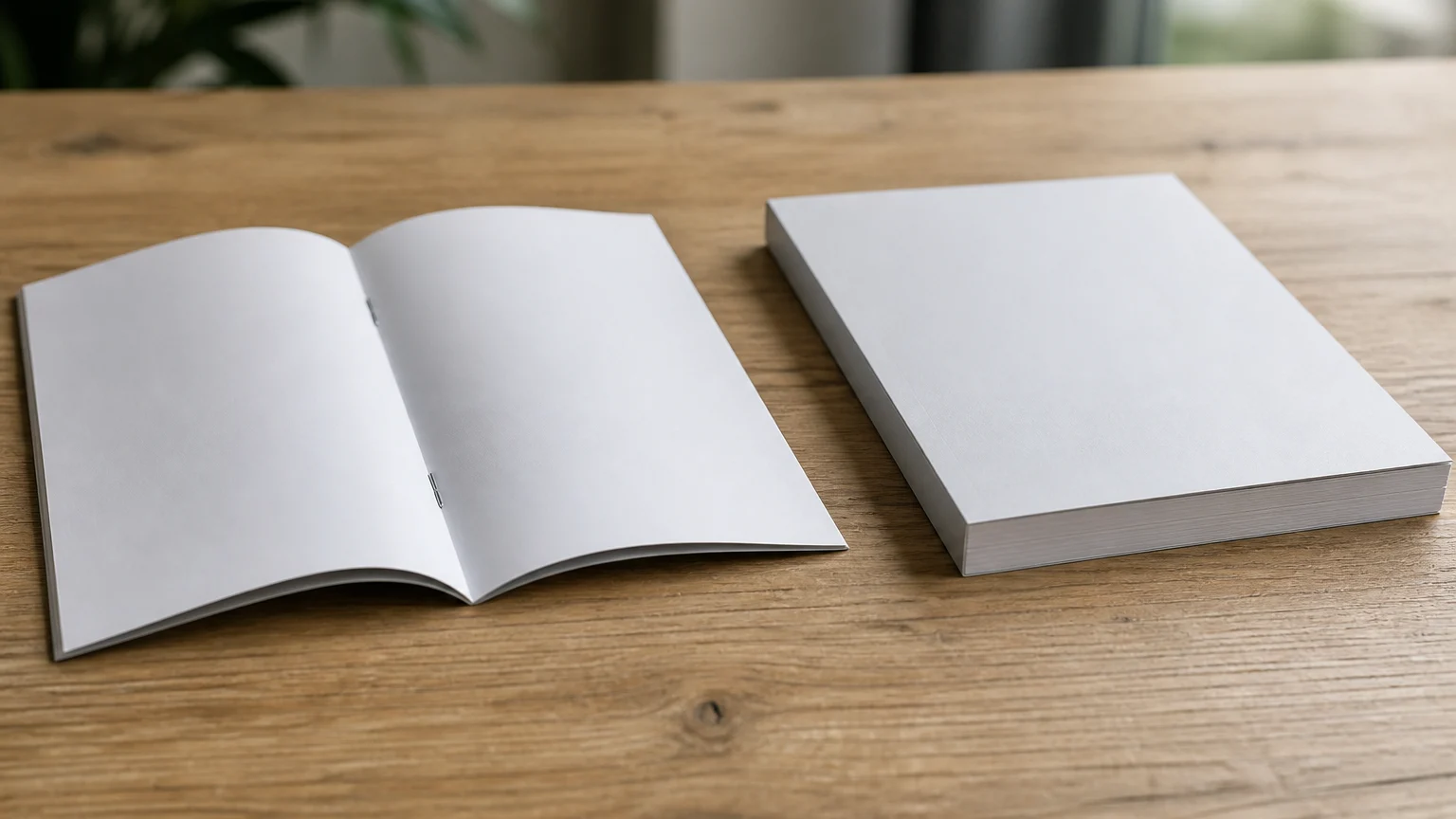 Open staple-bound booklet beside a square-spined perfect-bound publication on a tabletop.
