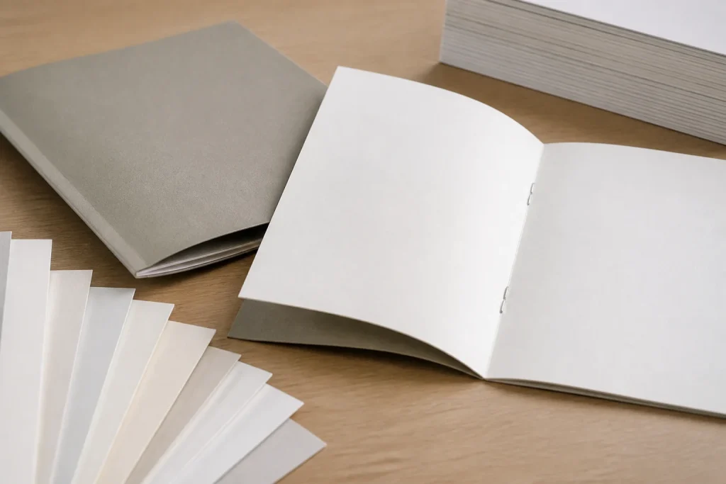 Stapled booklet with paper swatches for cover and inner page planning for professional stapled booklet printing services.