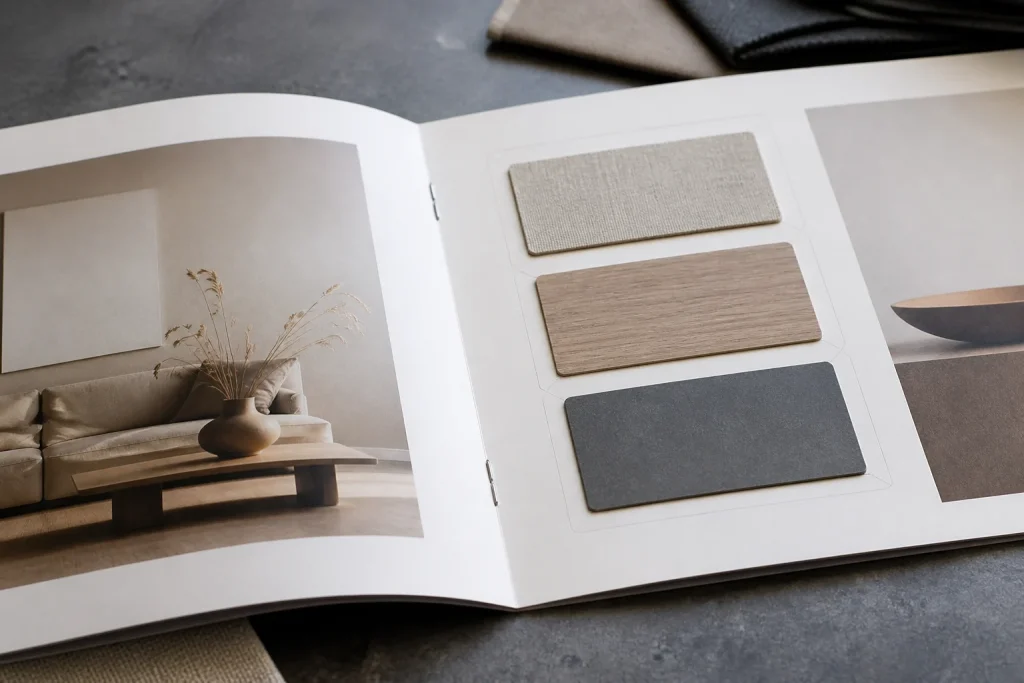 Stapled booklet page planned around flat product swatches for bespoke booklet printing with staples.