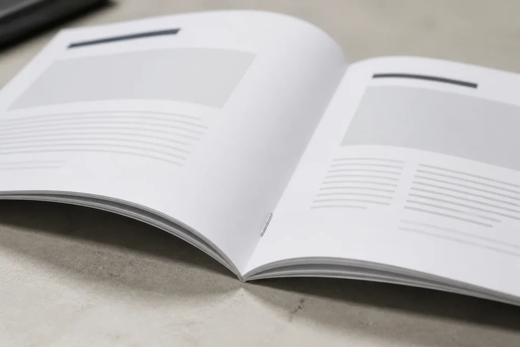 Open stapled booklet spread with clear headings, contrast and white space for professional stapled booklet printing services.