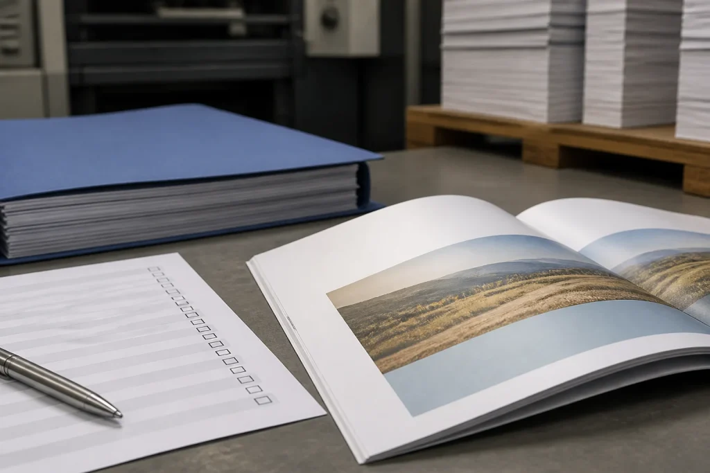 Stapled booklet artwork and version-control checks for business updates