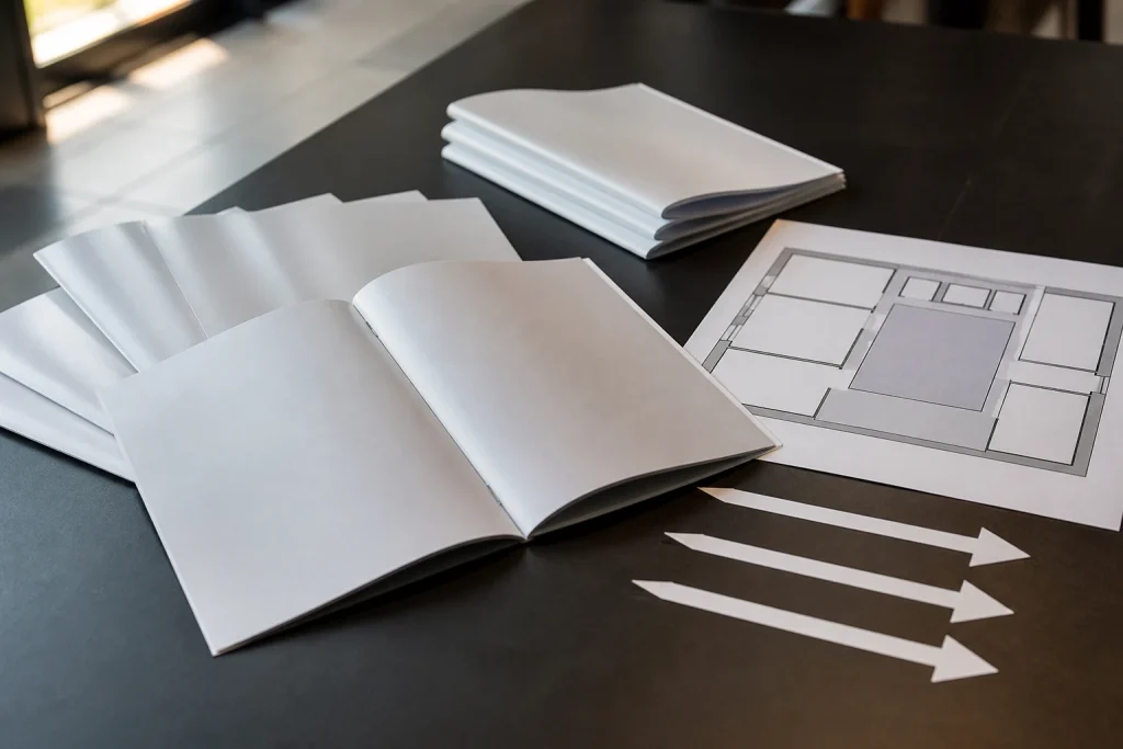 Stapled event booklets arranged with venue navigation materials for stapled booklet printing for events.